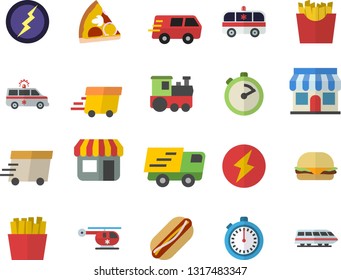 Color flat icon set stopwatch flat vector, hamburger, hot dog, pizza, French fries, store front, trucking, express delivery, ambulance, helicopter, lightning, train fector