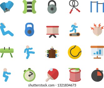 Color flat icon set stopwatch flat vector, flipchart, chart, meeting, brainstorm, weight, skipping rope, carpal expander, parallel bars, sports equipment horse, tennis ball, boxing gloves, Treadmill