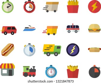 Color flat icon set stopwatch flat vector, hamburger, hot dog, French fries, store front, trucking, express delivery, ambulance, lightning, train fector, water scooter