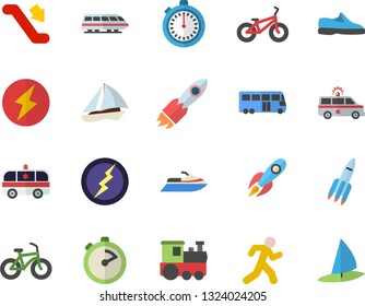 Color flat icon set stopwatch flat vector, rocket, ambulance, lightning, sneakers, bicycle, run, train fector, bus, sailboat, escalator, water scooter, windsurfing
