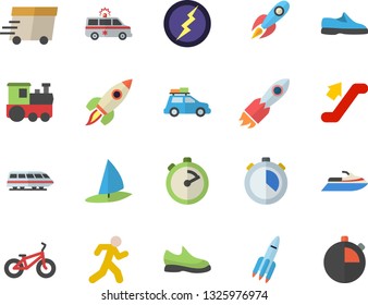 Color flat icon set stopwatch flat vector, rocket, express delivery, ambulance, lightning, sneakers, bicycle, run, train fector, car, escalator, water scooter, windsurfing
