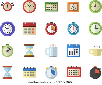 Color flat icon set stopwatch flat vector, calendar, clock, coffee, hourglass, alarm