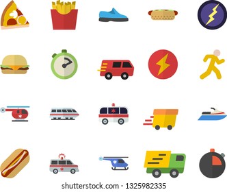 Color flat icon set stopwatch flat vector, hamburger, hot dog, pizza, French fries, trucking, express delivery, ambulance, helicopter, lightning, sneakers, run, train fector, water scooter