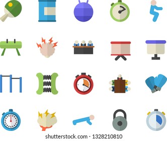 Color flat icon set stopwatch flat vector, flipchart, meeting, brainstorm, weight, carpal expander, parallel bars, sports equipment horse, fitball, boxing gloves, squats, push up, proteins