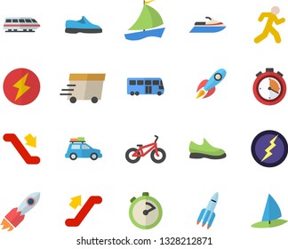Color flat icon set stopwatch flat vector, rocket, express delivery, sailboat, lightning, sneakers, bicycle, run, train fector, car, bus, escalator, water scooter, windsurfing
