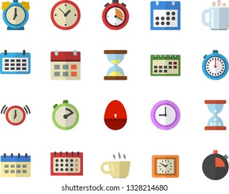 Color flat icon set stopwatch flat vector, kitchen egg timer, calendar, clock, coffee, hourglass, alarm