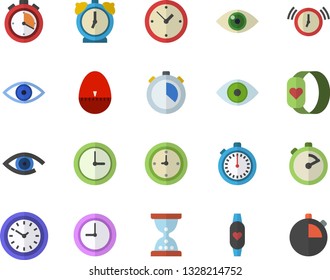 Color flat icon set stopwatch flat vector, kitchen egg timer, clock, eye, fitness bracelet, hourglass, alarm