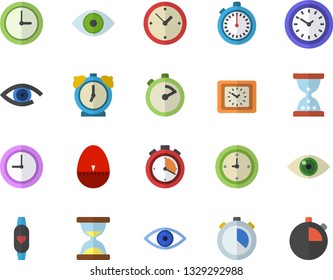 Color flat icon set stopwatch flat vector, kitchen egg timer, clock, eye, fitness bracelet, hourglass, alarm