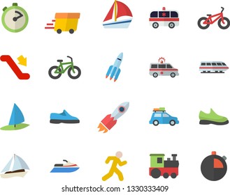 Color flat icon set stopwatch flat vector, rocket, express delivery, sailboat, ambulance, sneakers, bicycle, run, train fector, car, escalator, water scooter, windsurfing
