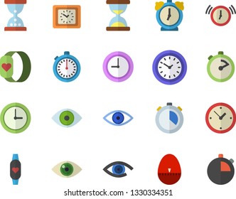 Color flat icon set stopwatch flat vector, kitchen egg timer, clock, eye, fitness bracelet, hourglass, alarm