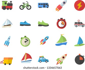 Color flat icon set stopwatch flat vector, rocket, express delivery, sailboat, ambulance, lightning, sneakers, bicycle, train fector, car, bus, windsurfing