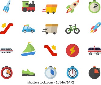 Color flat icon set stopwatch flat vector, rocket, express delivery, sailboat, ambulance, lightning, sneakers, bicycle, train fector, car, escalator