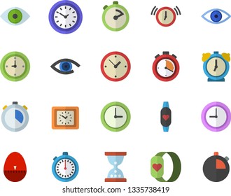 Color flat icon set stopwatch flat vector, kitchen egg timer, clock, eye, fitness bracelet, hourglass, alarm