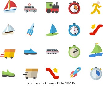 Color flat icon set stopwatch flat vector, rocket, express delivery, sailboat, ambulance, sneakers, run, train fector, escalator, windsurfing