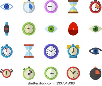 Color flat icon set stopwatch flat vector, kitchen egg timer, clock, eye, fitness bracelet, hourglass, alarm