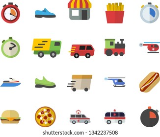 Color flat icon set stopwatch flat vector, hamburger, hot dog, pizza, French fries, store front, trucking, express delivery, ambulance, helicopter, sneakers, train fector, water scooter