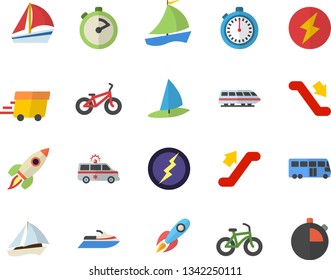 Color flat icon set stopwatch flat vector, rocket, express delivery, sailboat, ambulance, lightning, bicycle, train fector, bus, escalator, water scooter, windsurfing