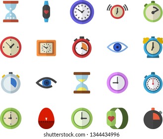 Color flat icon set stopwatch flat vector, kitchen egg timer, clock, eye, fitness bracelet, hourglass, alarm