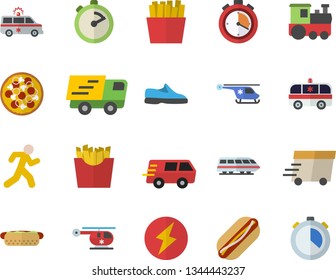 Color flat icon set stopwatch flat vector, hot dog, pizza, French fries, trucking, express delivery, ambulance, helicopter, lightning, sneakers, run, train fector