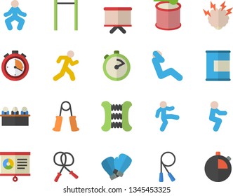 Color flat icon set stopwatch flat vector, flipchart, chart, meeting, brainstorm, skipping rope, carpal expander, parallel bars, boxing gloves, gymnastics, squats, swing press, run, proteins