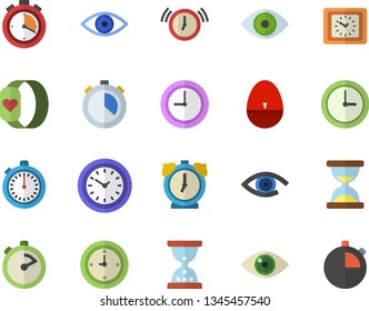 Color flat icon set stopwatch flat vector, kitchen egg timer, clock, eye, fitness bracelet, hourglass, alarm
