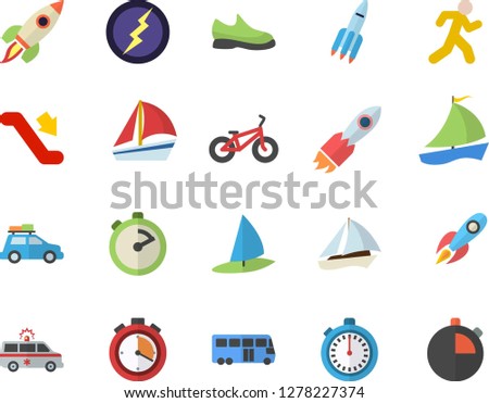 Color flat icon set stopwatch flat vector, rocket, sailboat, ambulance, lightning, sneakers, bicycle, run, car fector, bus, escalator, windsurfing