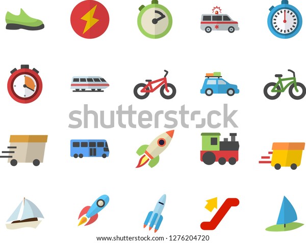 Color flat icon set\
stopwatch flat vector, rocket, express delivery, ambulance,\
lightning, sneakers, bicycle, train fector, car, bus, sailboat,\
escalator, windsurfing