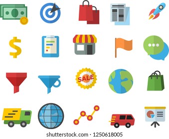 Color flat icon set store front flat vector, funnel, rocket, earth, graphic report, cash, dollar, scatter chart, flag, bags, news, sell out, chat, trucking, target, presentaition board