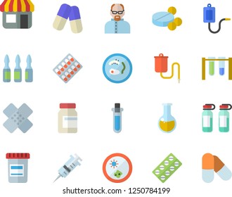 Color flat icon set store front flat vector, pill packaging, pills, vial, medical warmer, syringe, analysis, patch, ampoule, scientist, beakers, Petri dish, vitamins