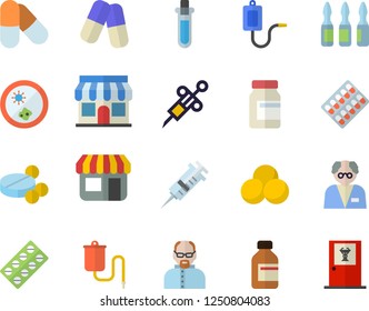 Color flat icon set store front flat vector, pill packaging, pills, vial, medical warmer, syringe, ampoule, scientist, beakers, Petri dish, vitamins, doctor's office fector