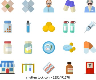 Color flat icon set store front flat vector, pill packaging, pills, vial, syringe, medical analysis, patch, ampoule, scientist, beakers, Petri dish, vitamins, doctor's office fector