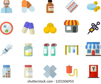 Color flat icon set store front flat vector, pill packaging, pills, vial, medical warmer, syringe, analysis, patch, ampoule, scientist, beakers, Petri dish, vitamins, doctor's office fector
