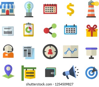 Color flat icon set store front flat vector, signboard, lighthouse, location, target audience, graphic report, molecules, dollar, purse, telephone operator, idea, flipchart, calendar, news, present