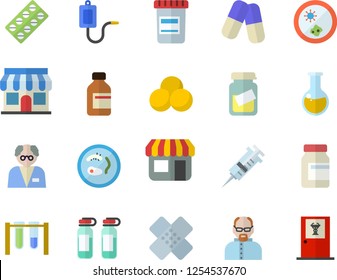 Color flat icon set store front flat vector, pill packaging, pills, vial, medical warmer, syringe, analysis, patch, ampoule, scientist, beakers, Petri dish, vitamins, doctor's office fector