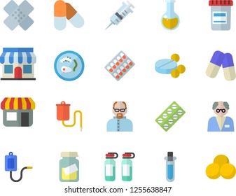 Color flat icon set store front flat vector, pill packaging, pills, vial, medical warmer, syringe, analysis, patch, ampoule, scientist, beakers, Petri dish