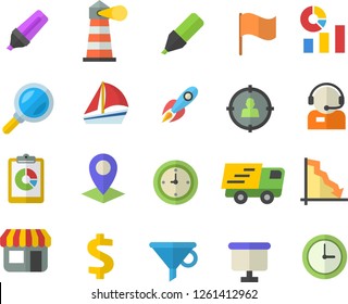 Color flat icon set store front flat vector, lighthouse, funnel, magnifier, location, target audience, rocket, graphic report, crisis, marker, dollar, telephone operator, statistics, flipchart, flag