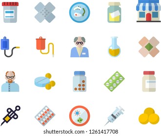 Color flat icon set store front flat vector, pill packaging, pills, vial, medical warmer, syringe, analysis, patch, scientist, Petri dish, vitamins