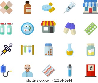 Color flat icon set store front flat vector, pill packaging, pills, vial, medical warmer, syringe, analysis, patch, ampoule, scientist, beakers, Petri dish, vitamins, doctor's office fector
