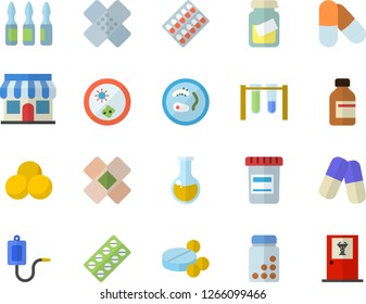 Color flat icon set store front flat vector, pill packaging, pills, vial, medical warmer, analysis, patch, ampoule, beakers, Petri dish, vitamins, doctor's office fector