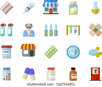 Color flat icon set store front flat vector, pill packaging, pills, vial, syringe, medical analysis, patch, ampoule, scientist, beakers, Petri dish, vitamins, doctor's office fector