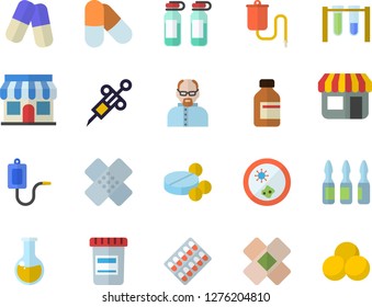 Color flat icon set store front flat vector, pill packaging, pills, vial, medical warmer, syringe, analysis, patch, ampoule, scientist, beakers, Petri dish