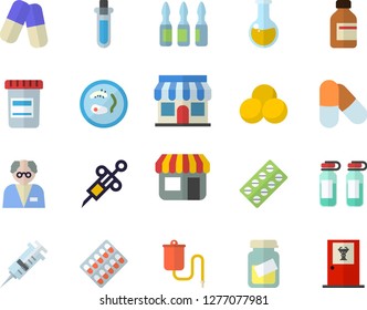 Color flat icon set store front flat vector, pill packaging, pills, vial, medical warmer, syringe, analysis, ampoule, scientist, beakers, Petri dish, doctor's office fector