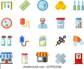 Color flat icon set store front flat vector, pill packaging, vial, medical warmer, syringe, analysis, patch, ampoule, scientist, beakers, Petri dish, vitamins, pills, doctor's office fector
