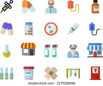 Color flat icon set store front flat vector, pills, vial, medical warmer, syringe, analysis, patch, ampoule, scientist, beakers, Petri dish, vitamins, doctor's office fector