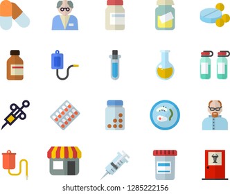 Color flat icon set store front flat vector, pill packaging, pills, vial, medical warmer, syringe, analysis, ampoule, scientist, beakers, Petri dish, vitamins, doctor's office fector
