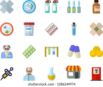 Color flat icon set store front flat vector, pill packaging, pills, vial, syringe, medical analysis, patch, ampoule, scientist, beakers, Petri dish, doctor's office fector