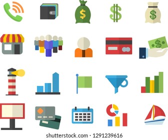 Color flat icon set store front flat vector, lighthouse, billboard, funnel, person, chart, credit card, dollar, investments, purse, team, phone call, wealth, statistics, flag, calendar, sailboat