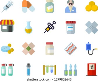 Color flat icon set store front flat vector, pill packaging, pills, vial, medical warmer, syringe, analysis, patch, ampoule, scientist, beakers, vitamins, doctor's office fector