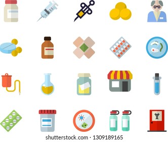 Color flat icon set store front flat vector, pill packaging, pills, vial, medical warmer, syringe, analysis, patch, ampoule, scientist, beakers, Petri dish, vitamins, doctor's office fector