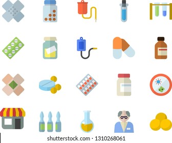 Color flat icon set store front flat vector, pill packaging, pills, vial, medical warmer, analysis, patch, ampoule, scientist, beakers, Petri dish, vitamins